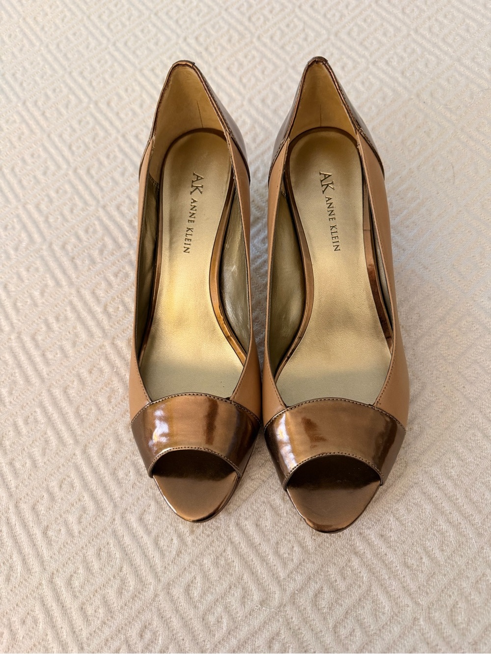 Anne Klein Tan and Bronze Patent Peep-Toe Pumps